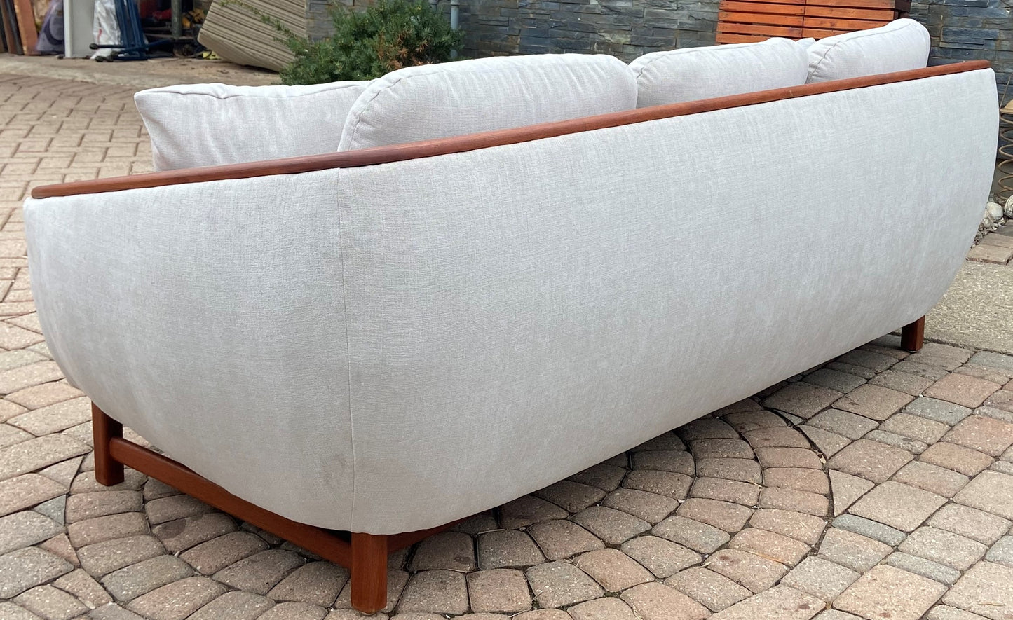 MCM Huber Barrel Back Teak Sofa, REFINISHED & REUPHOLSTERED in KNOLL stain repellent fabric, PERFECT