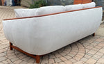 MCM Huber Barrel Back Teak Sofa, REFINISHED & REUPHOLSTERED in KNOLL stain repellent fabric, PERFECT 10