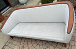 MCM Huber Barrel Back Teak Sofa, REFINISHED & REUPHOLSTERED in KNOLL stain repellent fabric, PERFECT 12