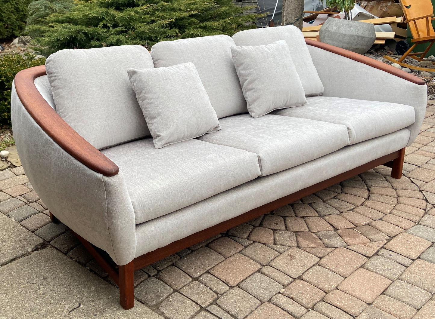 MCM Huber Barrel Back Teak Sofa, REFINISHED & REUPHOLSTERED in KNOLL stain repellent fabric, PERFECT