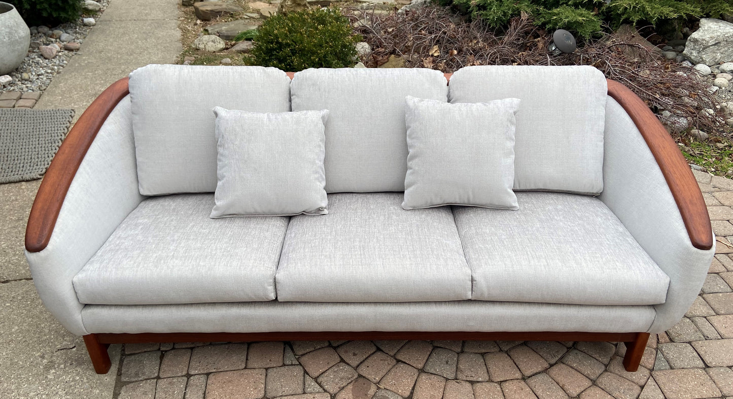 MCM Huber Barrel Back Teak Sofa, REFINISHED & REUPHOLSTERED in KNOLL stain repellent fabric, PERFECT