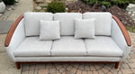 MCM Huber Barrel Back Teak Sofa, REFINISHED & REUPHOLSTERED in KNOLL stain repellent fabric, PERFECT 5