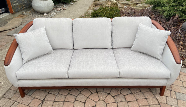 MCM Huber Barrel Back Teak Sofa, REFINISHED & REUPHOLSTERED in KNOLL stain repellent fabric, PERFECT
