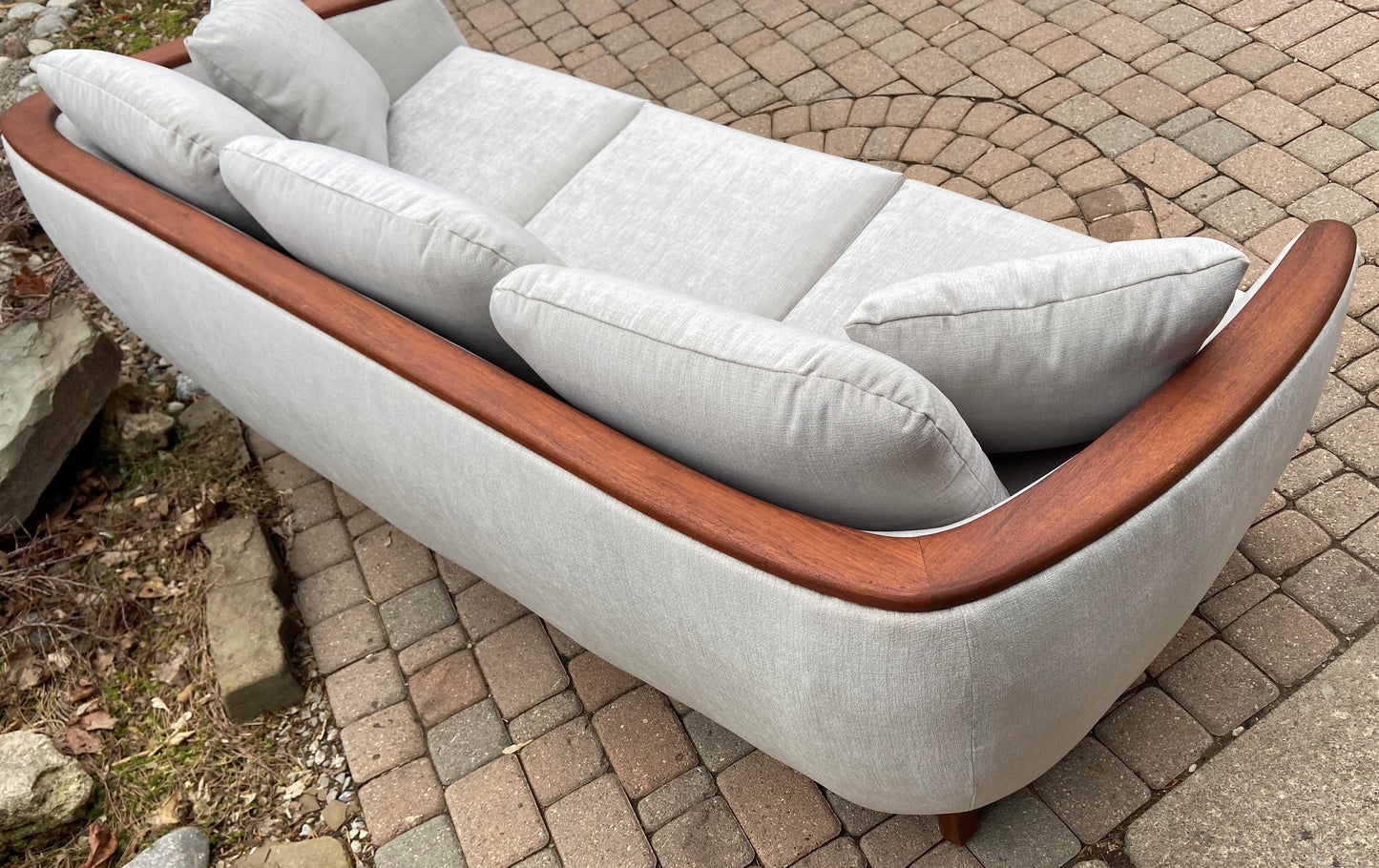 MCM Huber Barrel Back Teak Sofa, REFINISHED & REUPHOLSTERED in KNOLL stain repellent fabric, PERFECT