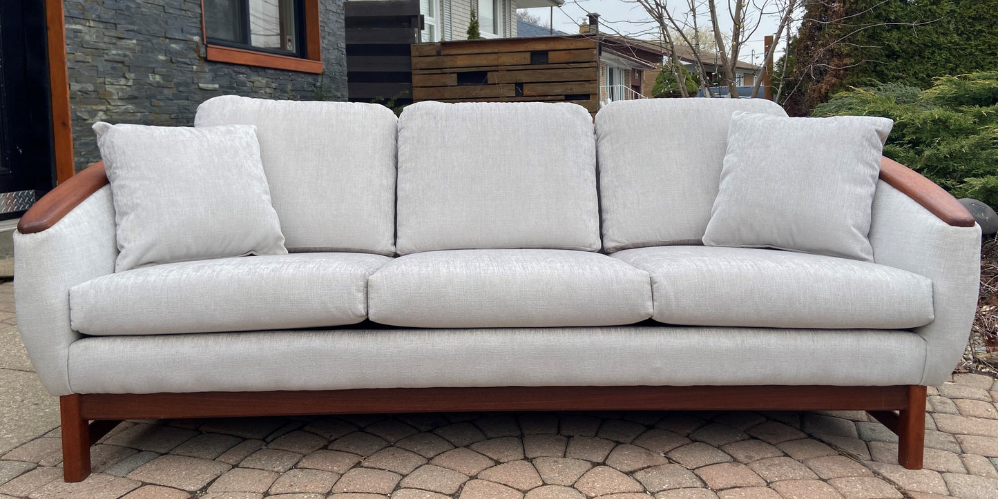 MCM Huber Barrel Back Teak Sofa, REFINISHED & REUPHOLSTERED in KNOLL stain repellent fabric, PERFECT