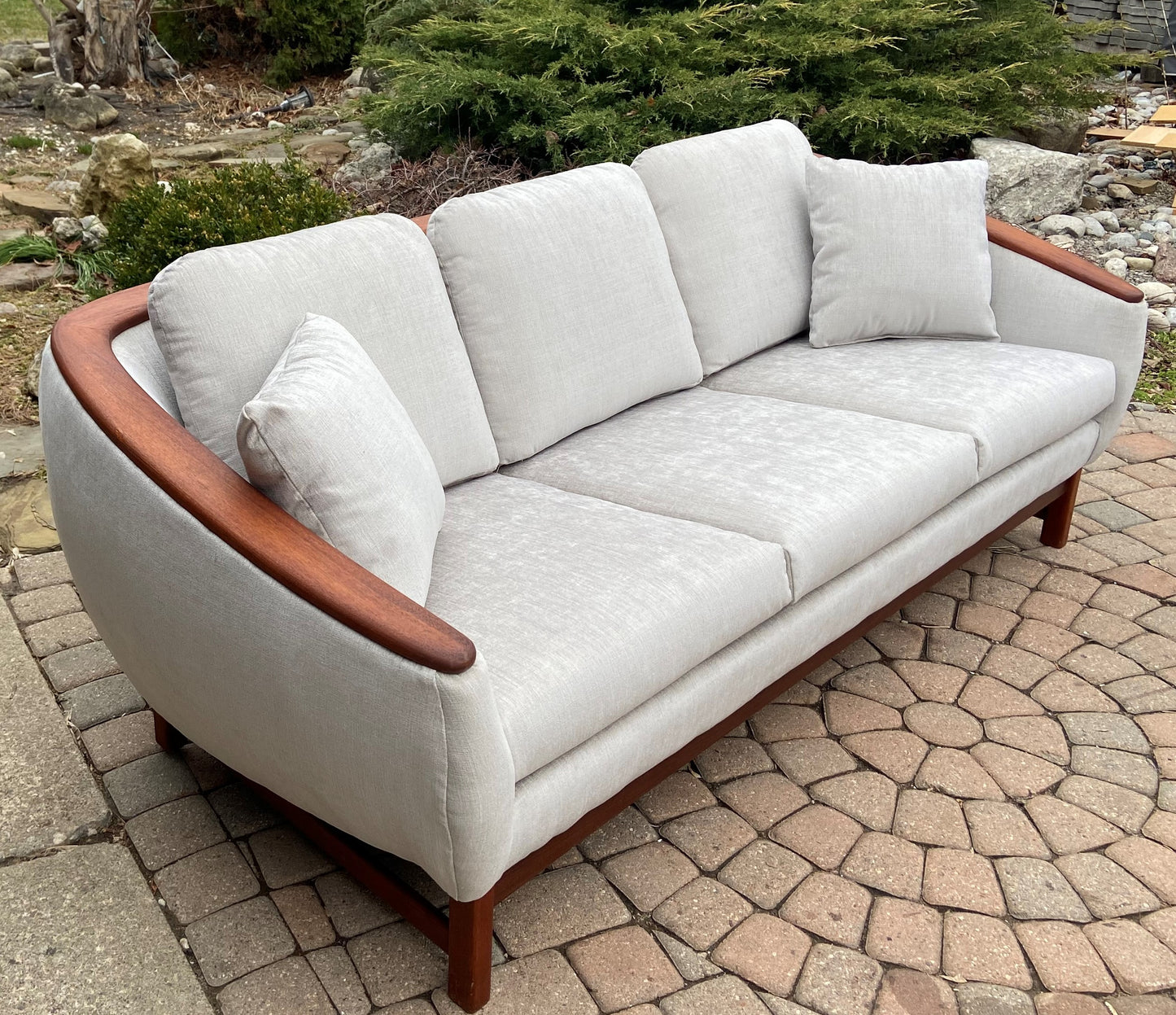 MCM Huber Barrel Back Teak Sofa, REFINISHED & REUPHOLSTERED in KNOLL stain repellent fabric, PERFECT