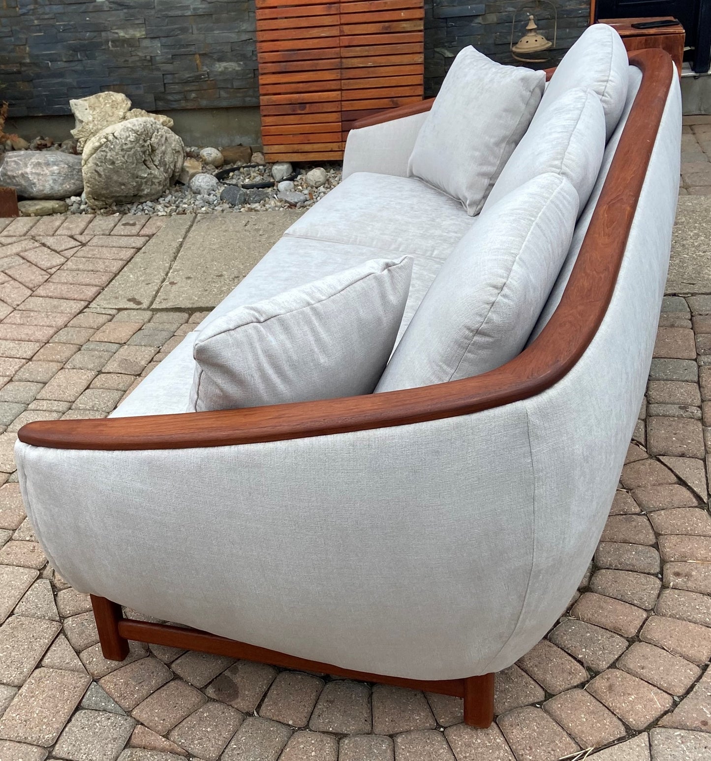 MCM Huber Barrel Back Teak Sofa, REFINISHED & REUPHOLSTERED in KNOLL stain repellent fabric, PERFECT