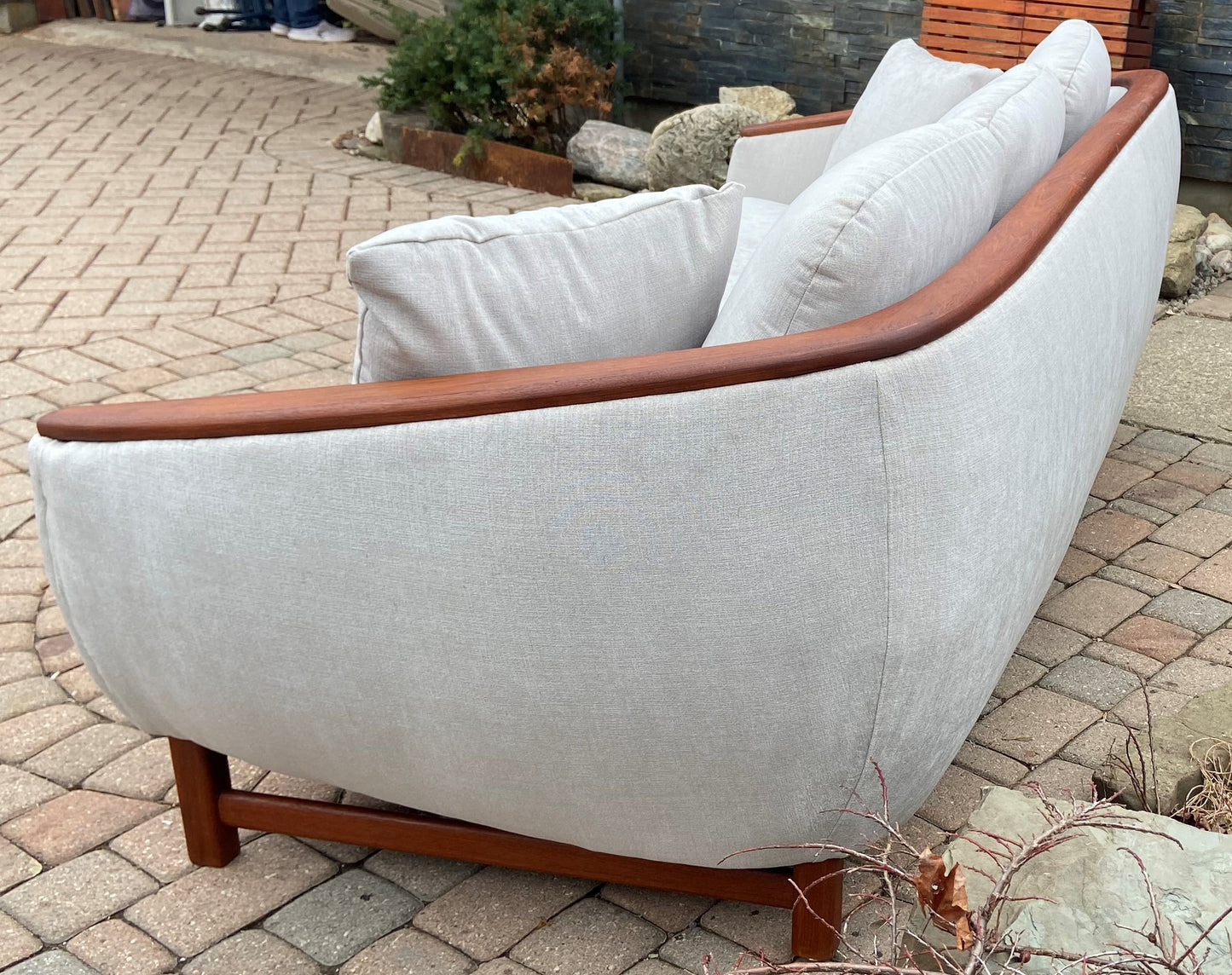 MCM Huber Barrel Back Teak Sofa, REFINISHED & REUPHOLSTERED in KNOLL stain repellent fabric, PERFECT