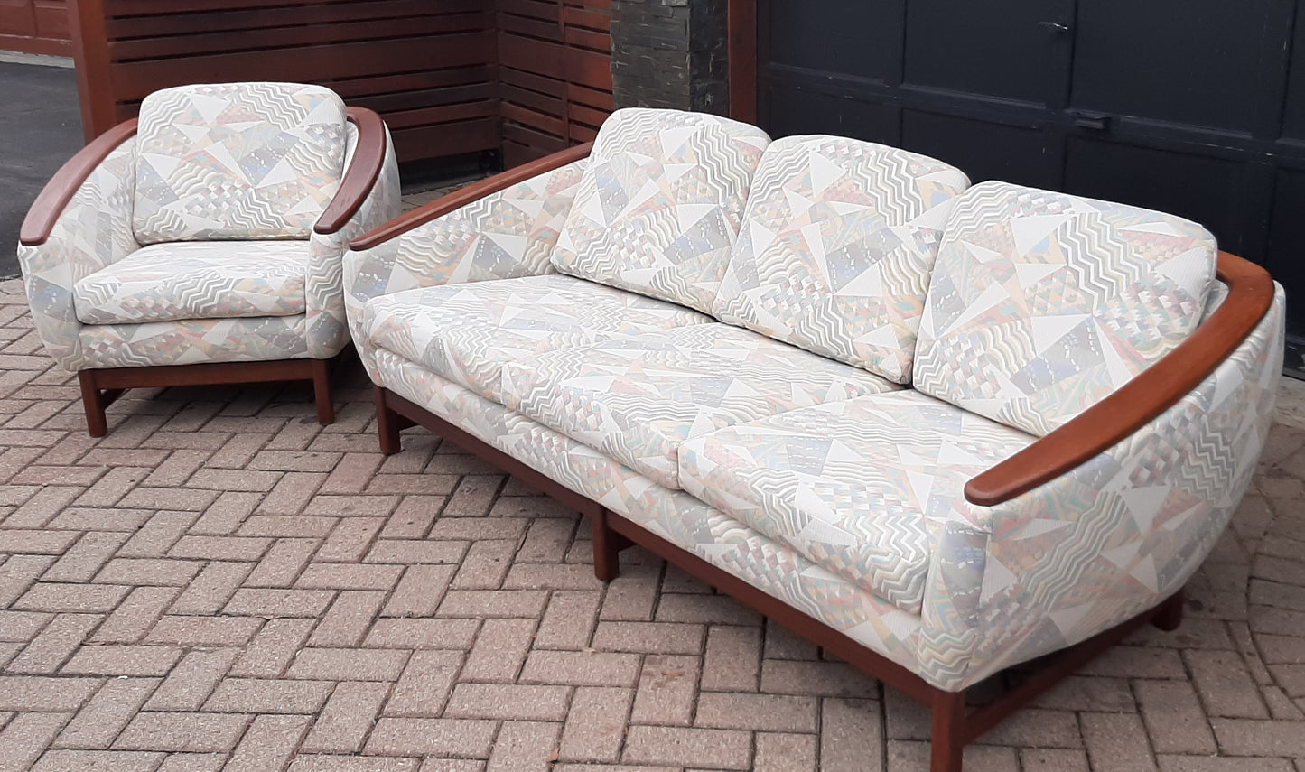 REFINISHED MCM Huber Barrel Back Teak Sofa and Lounge Chair- Mint (plus bonus armchair)