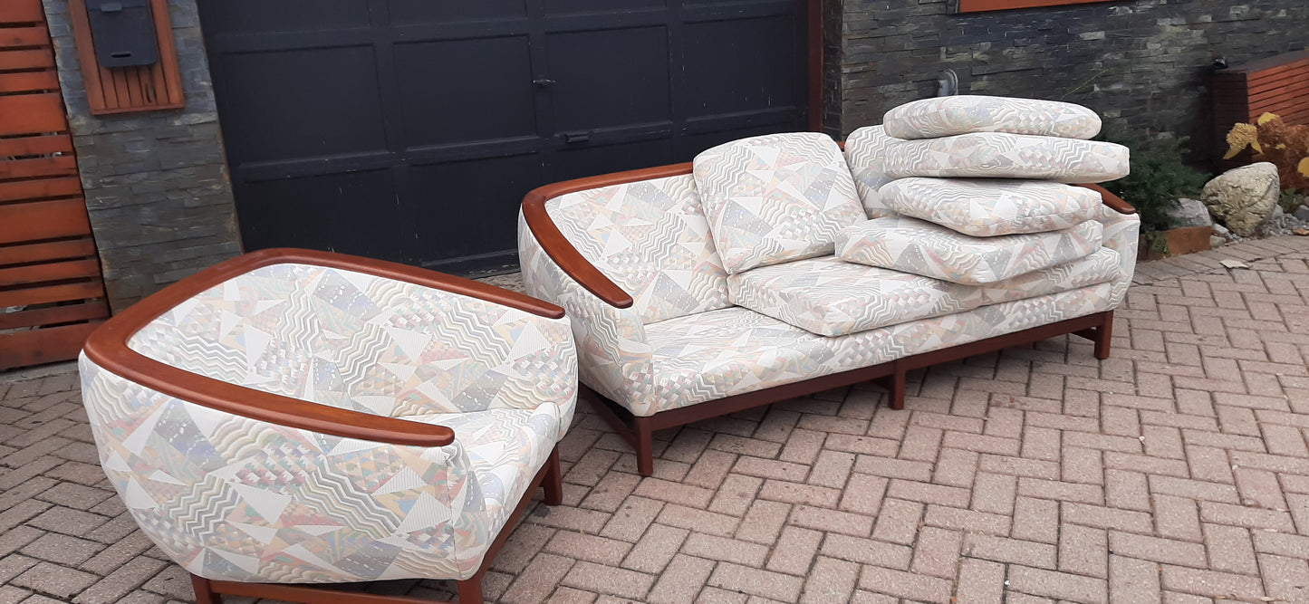 REFINISHED MCM Huber Barrel Back Teak Sofa and Lounge Chair- Mint (plus bonus armchair)