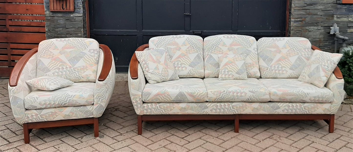 REFINISHED MCM Huber Barrel Back Teak Sofa and Lounge Chair- Mint (plus bonus armchair)