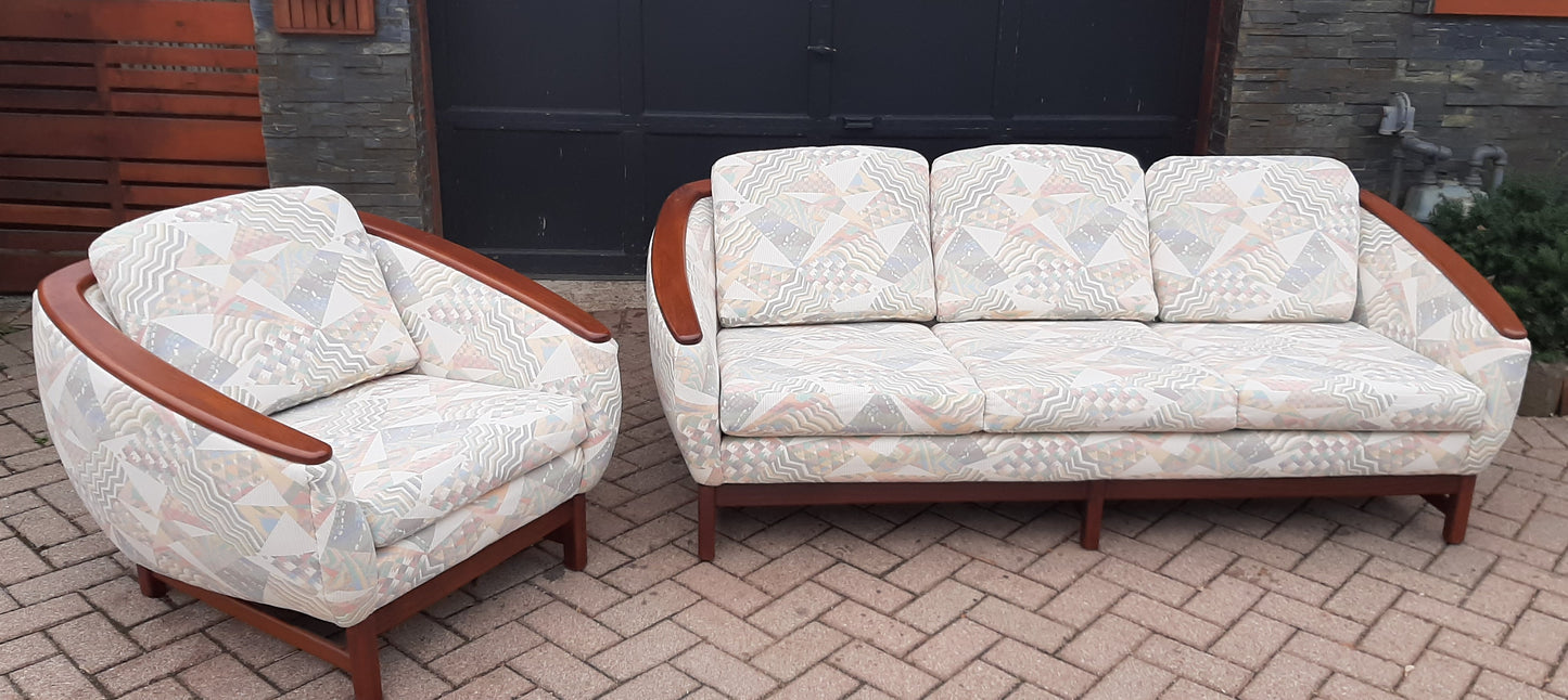 REFINISHED MCM Huber Barrel Back Teak Sofa and Lounge Chair- Mint (plus bonus armchair)