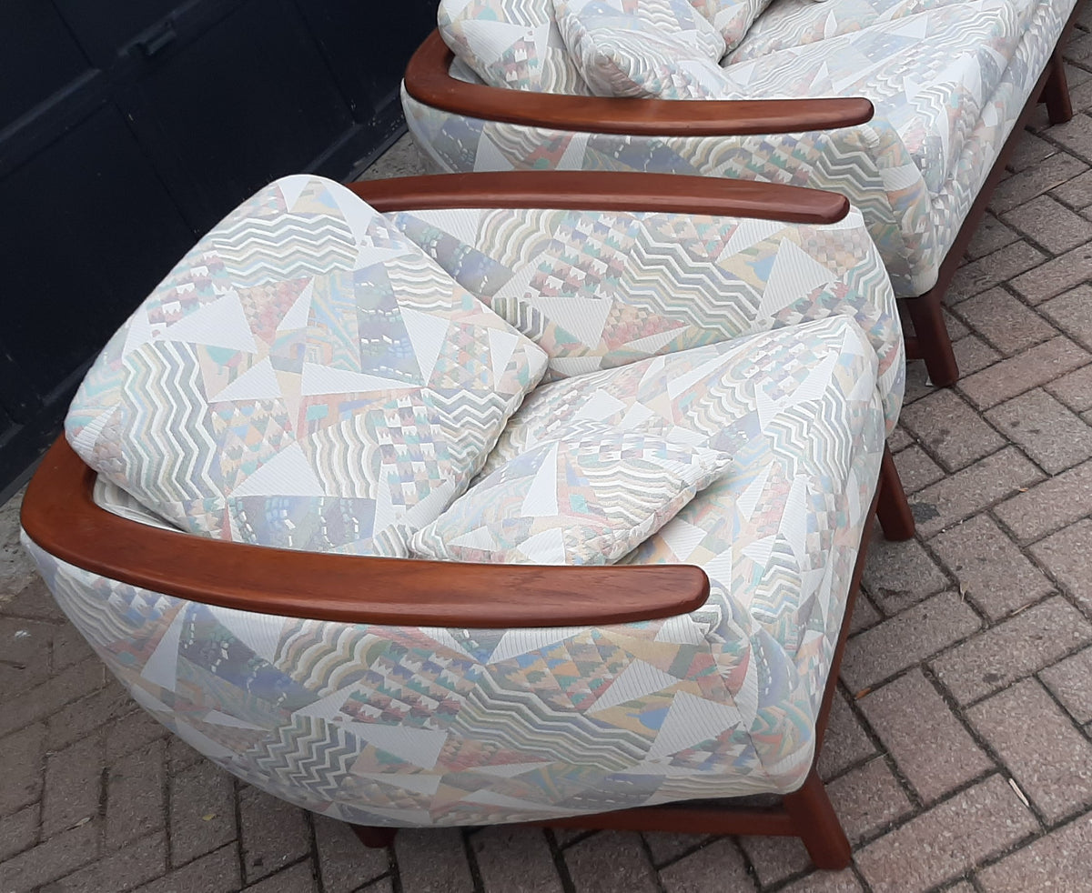 REFINISHED MCM Huber Barrel Back Teak Sofa and Lounge Chair- Mint (plus bonus armchair)