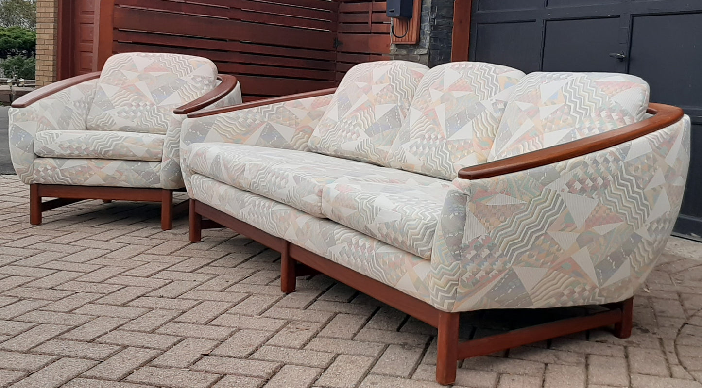 REFINISHED MCM Huber Barrel Back Teak Sofa and Lounge Chair- Mint (plus bonus armchair)