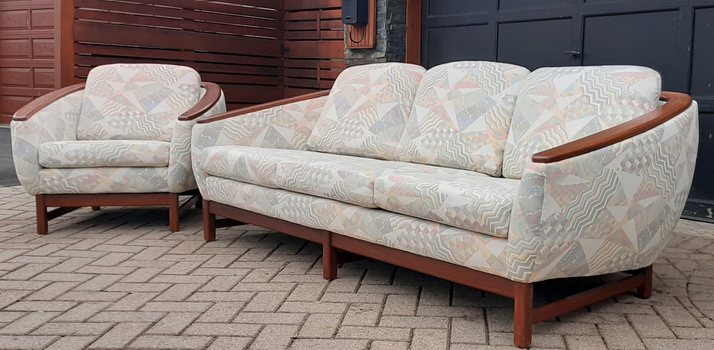 REFINISHED MCM Huber Barrel Back Teak Sofa and Lounge Chair- Mint (plus bonus armchair)