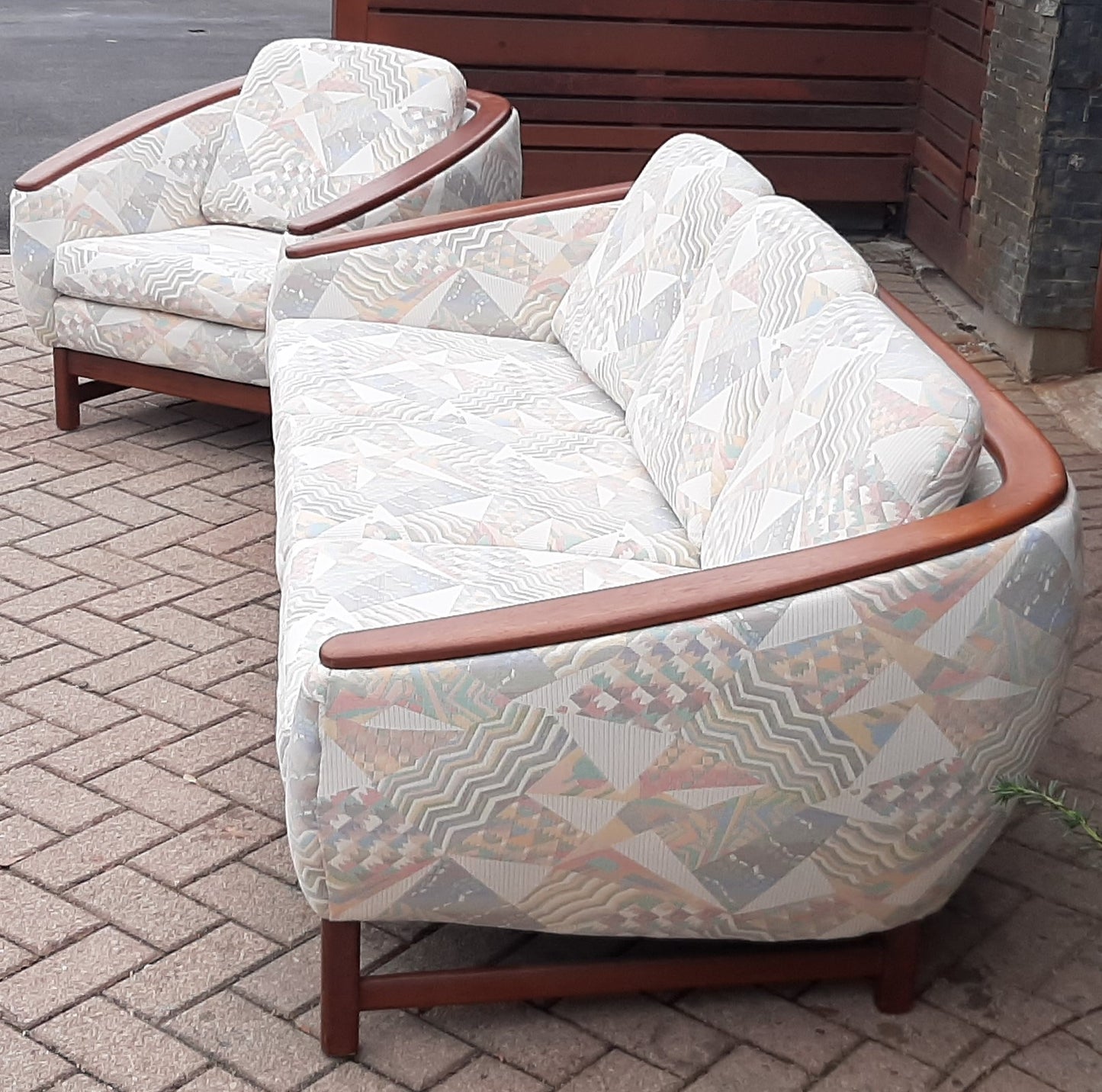 REFINISHED MCM Huber Barrel Back Teak Sofa and Lounge Chair- Mint (plus bonus armchair)