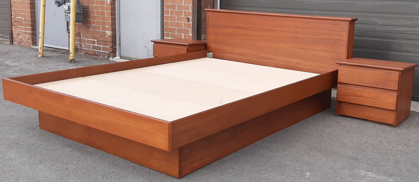 REFINISHED MCM Teak Bed Queen with 2 separate night stands by Mobican, PERFECT