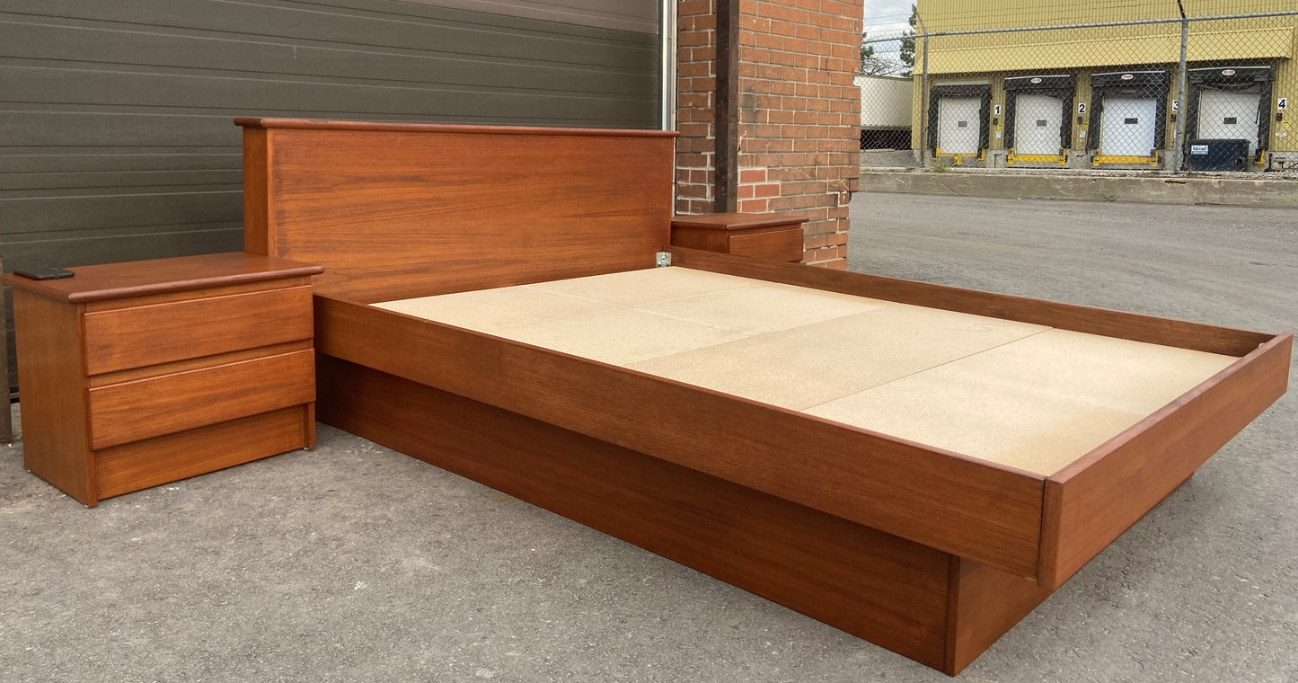 REFINISHED MCM Teak Bed Queen with 2 separate night stands by Mobican, PERFECT
