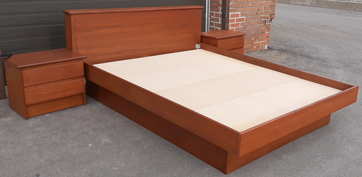 REFINISHED MCM Teak Bed Queen with 2 separate night stands by Mobican, PERFECT