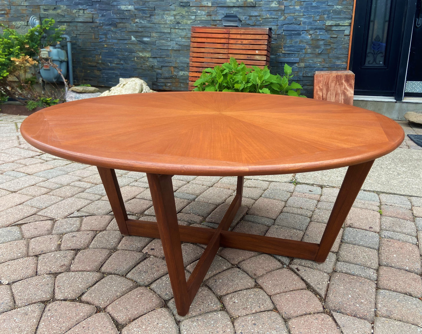 REFINISHED Mid Century Modern Teak Coffee Table Round Sunburst D 39"