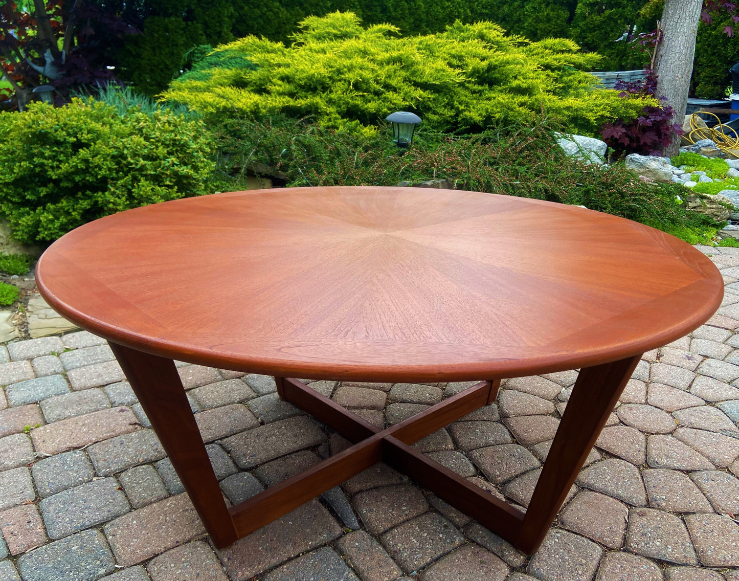 REFINISHED Mid Century Modern Teak Coffee Table Round Sunburst D 39"