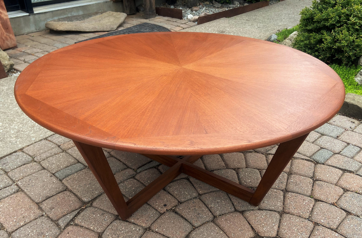 REFINISHED Mid Century Modern Teak Coffee Table Round Sunburst D 39