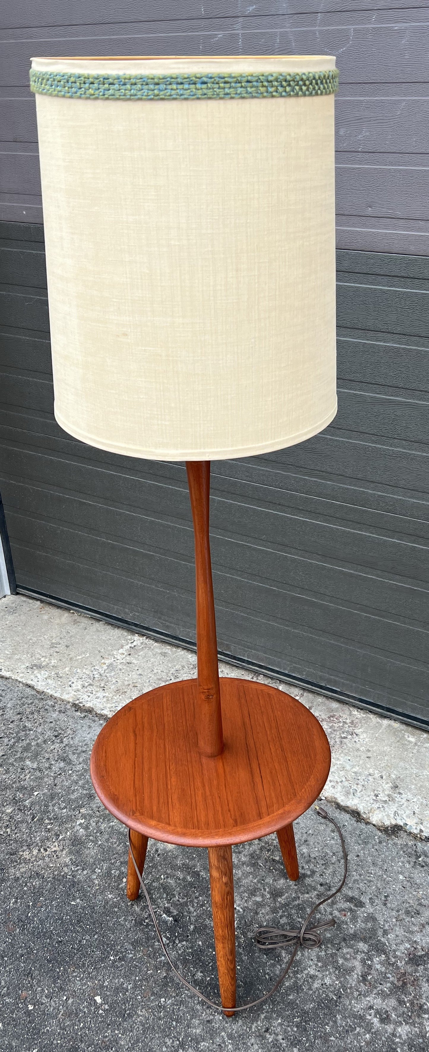 Mid Century Modern Teak Floor Lamp with Built-In Tripod Table, REFINISHED
