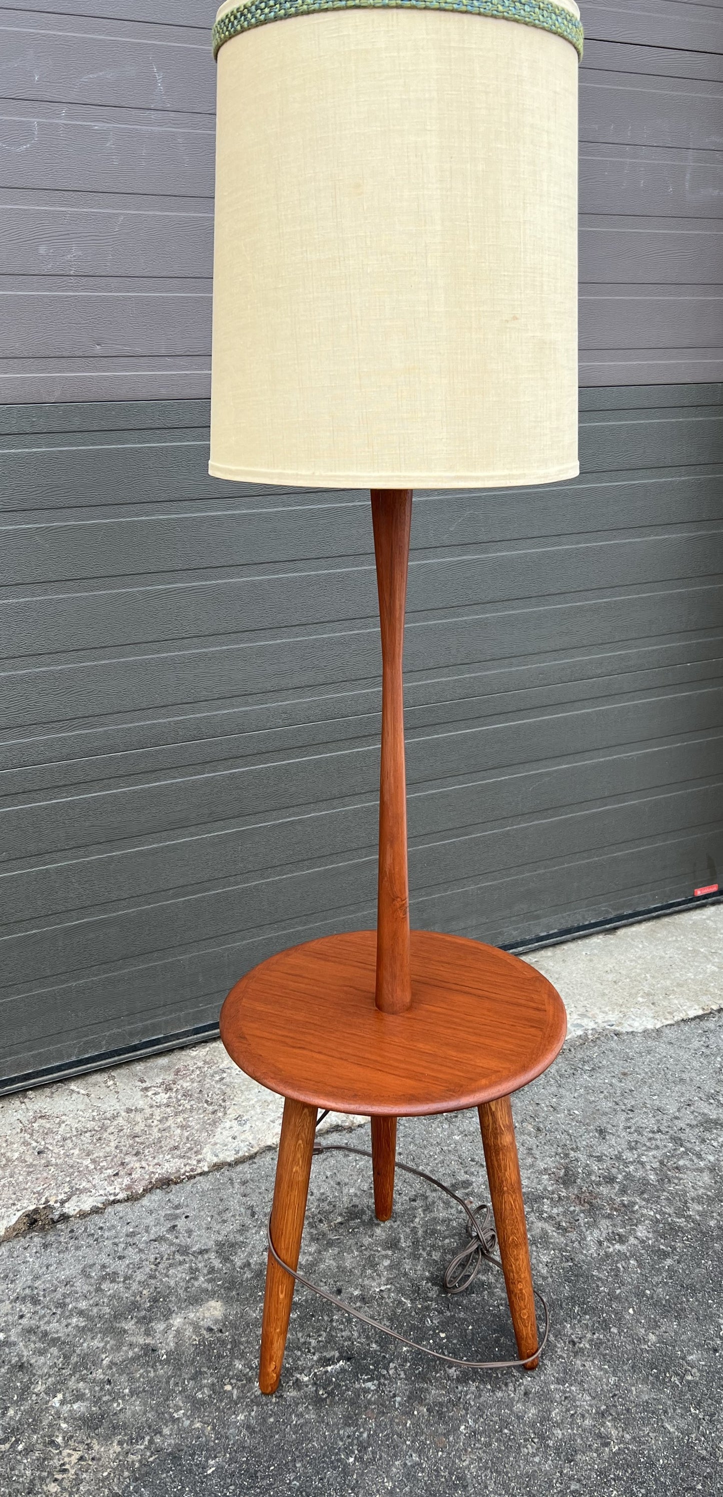 Mid Century Modern Teak Floor Lamp with Built-In Tripod Table, REFINISHED