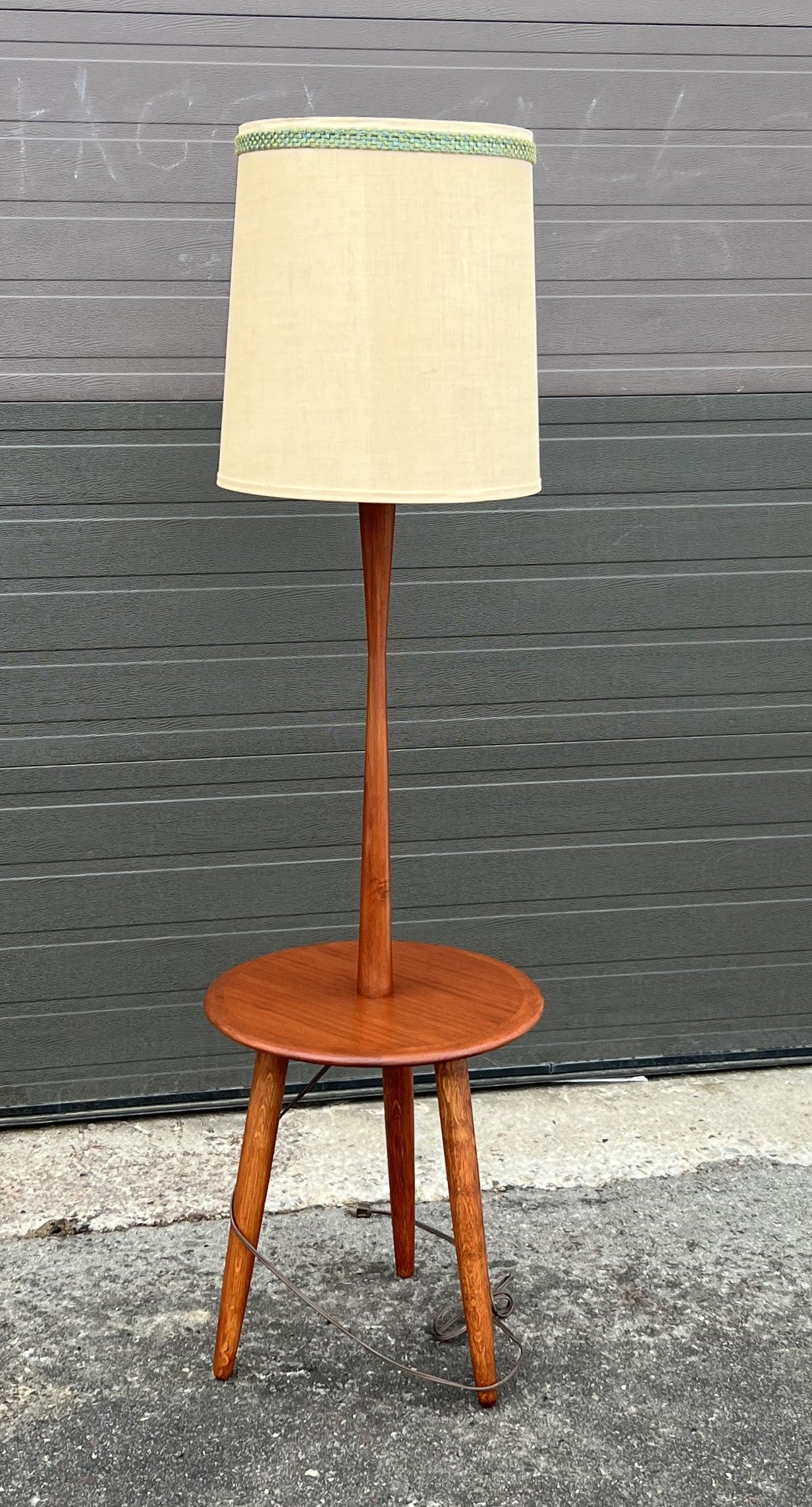 Mid Century Modern Teak Floor Lamp with Built-In Tripod Table, REFINISHED