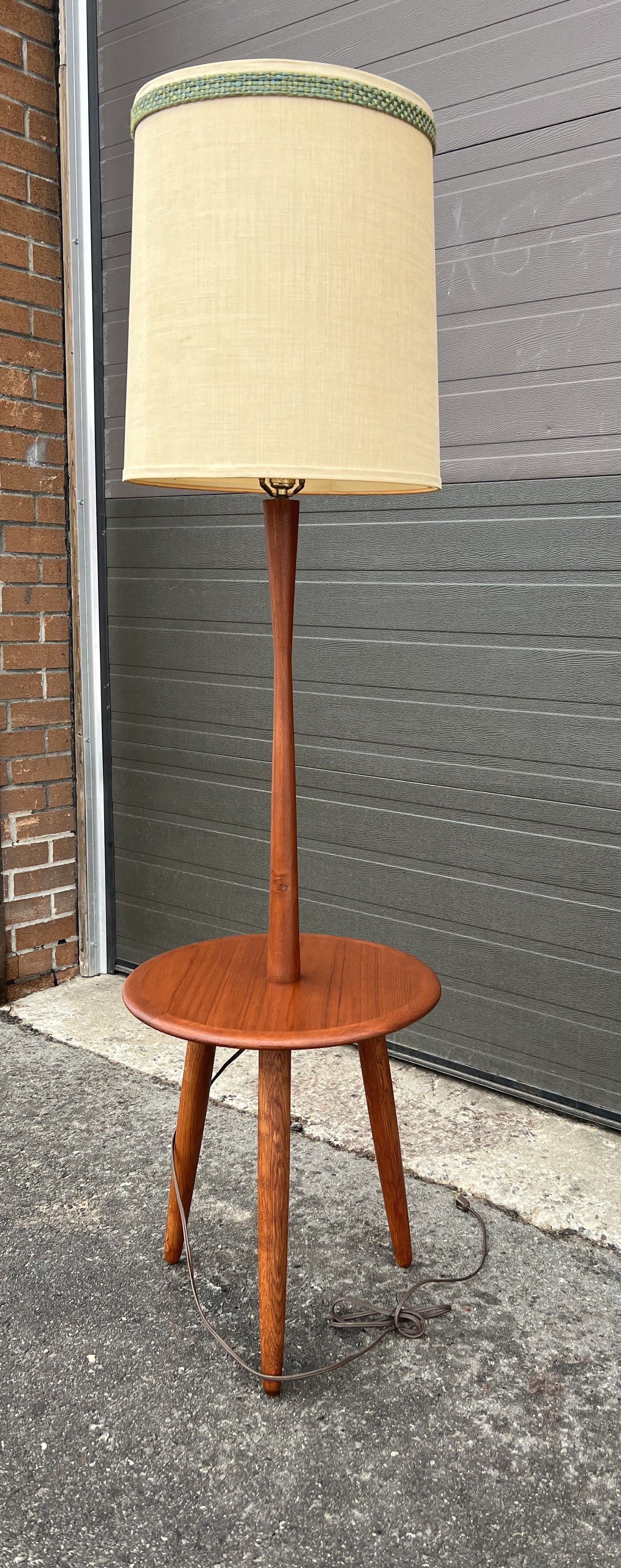 Mid Century Modern Teak Floor Lamp with Built-In Tripod Table, REFINISHED