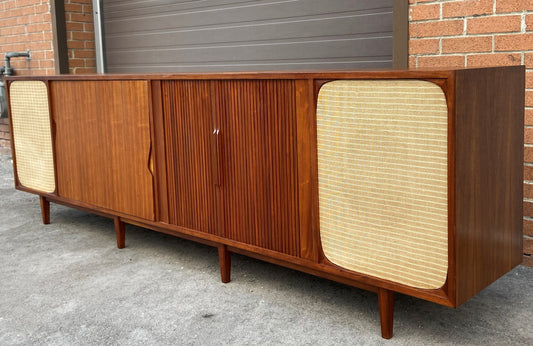 REFINISHED Unique MCM Teak Stereo Console with Tambour Doors & Rotating Bar 103"