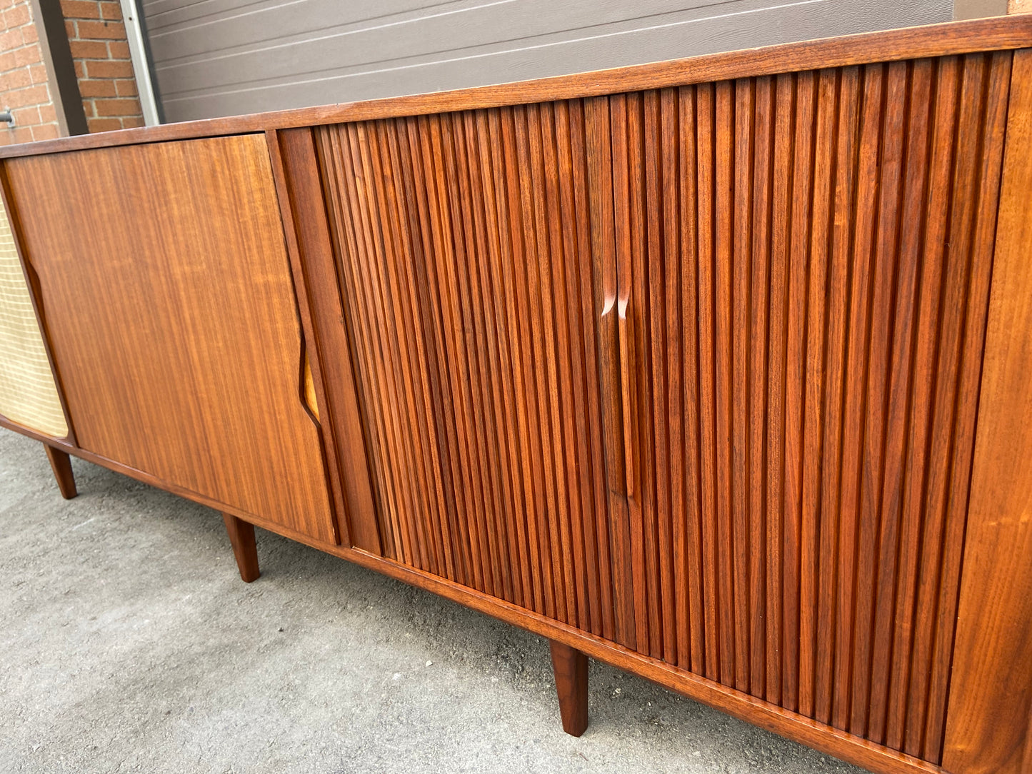 REFINISHED Unique MCM Teak Stereo Console with Tambour Doors & Rotating Bar 103"