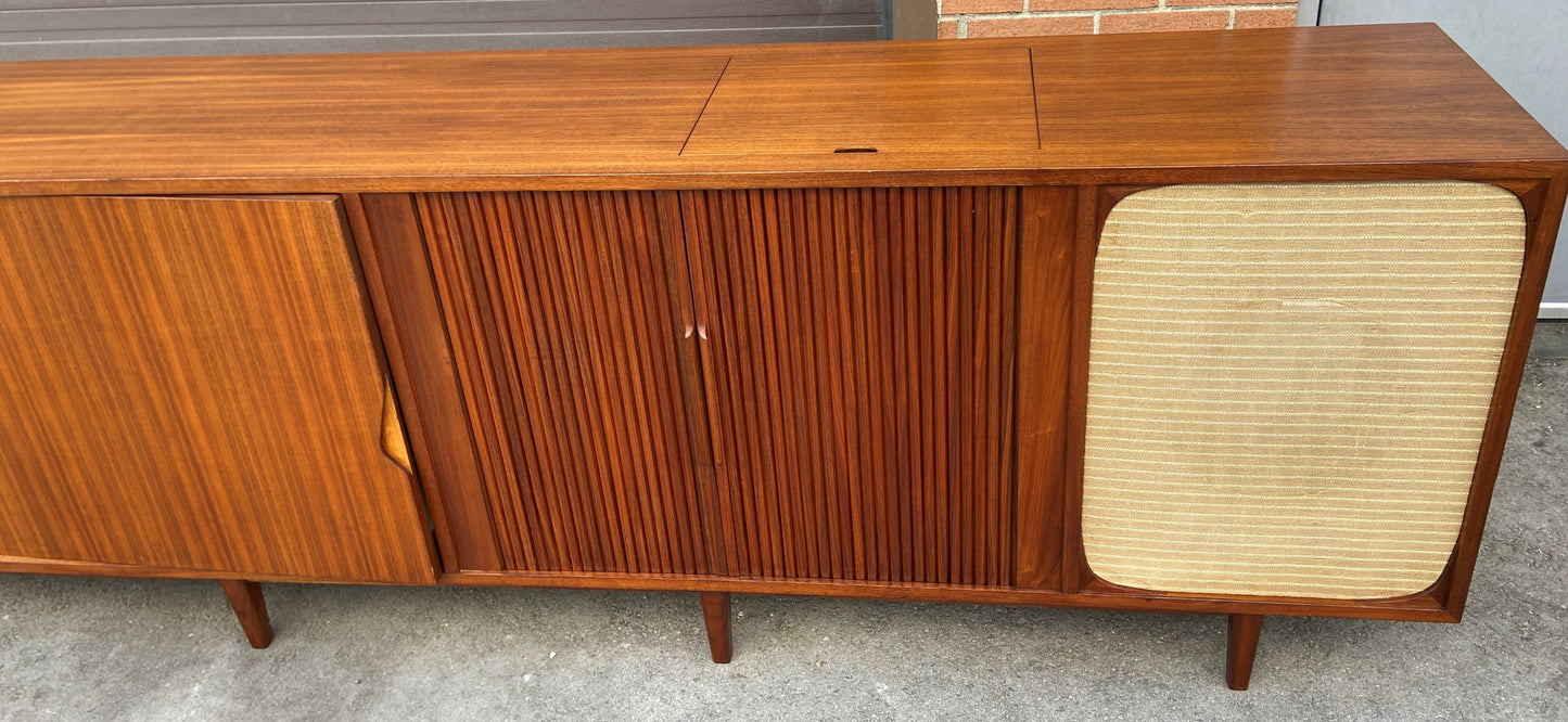 REFINISHED Unique MCM Teak Stereo Console with Tambour Doors & Rotating Bar 103"