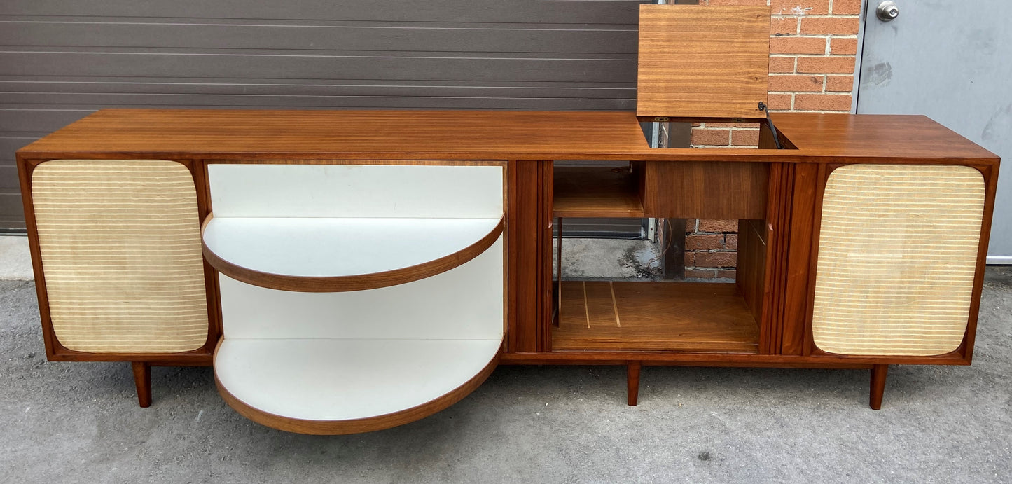 REFINISHED Unique MCM Teak Stereo Console with Tambour Doors & Rotating Bar 103"