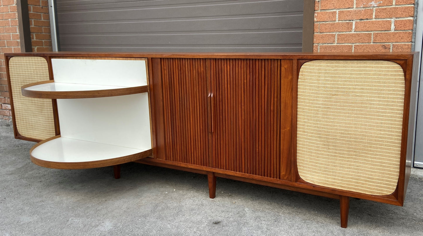 REFINISHED Unique MCM Teak Stereo Console with Tambour Doors & Rotating Bar 103"