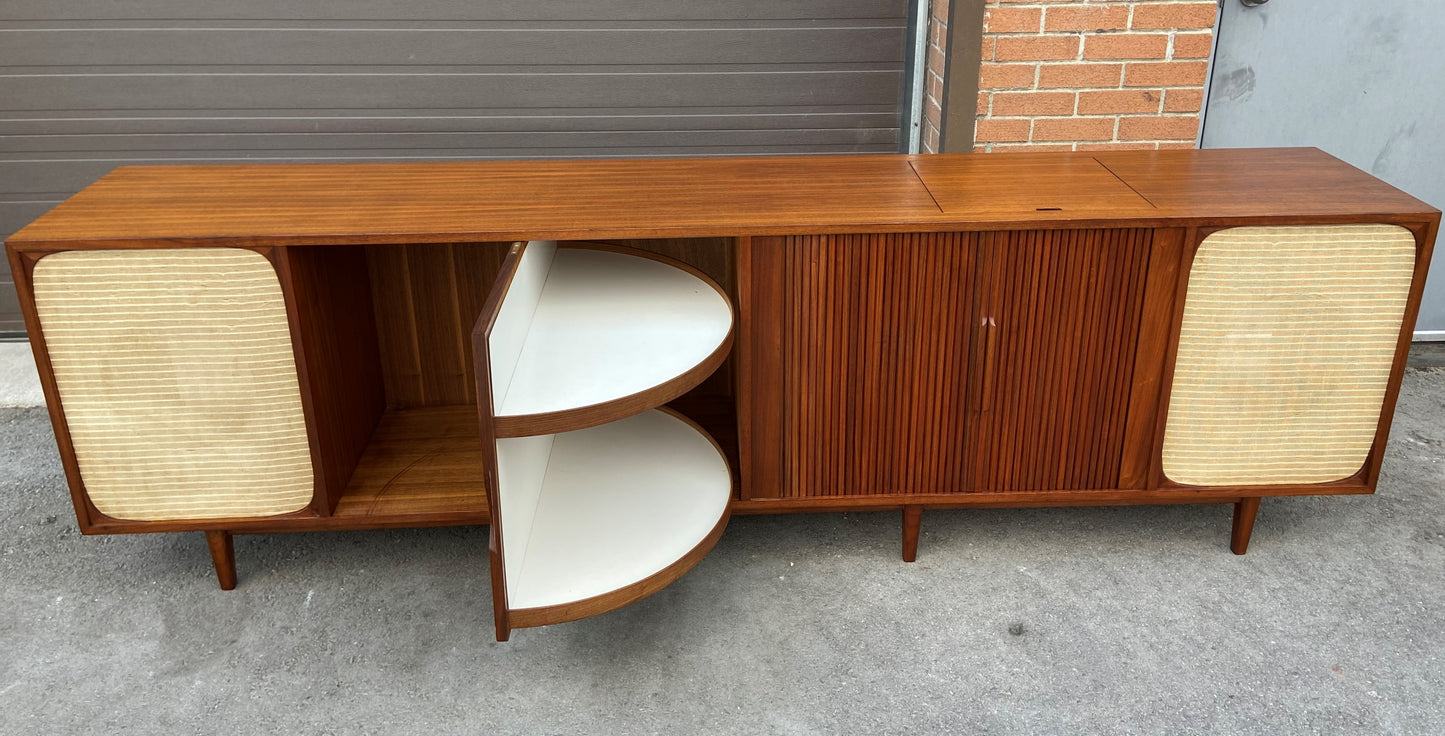 REFINISHED Unique MCM Teak Stereo Console with Tambour Doors & Rotating Bar 103"