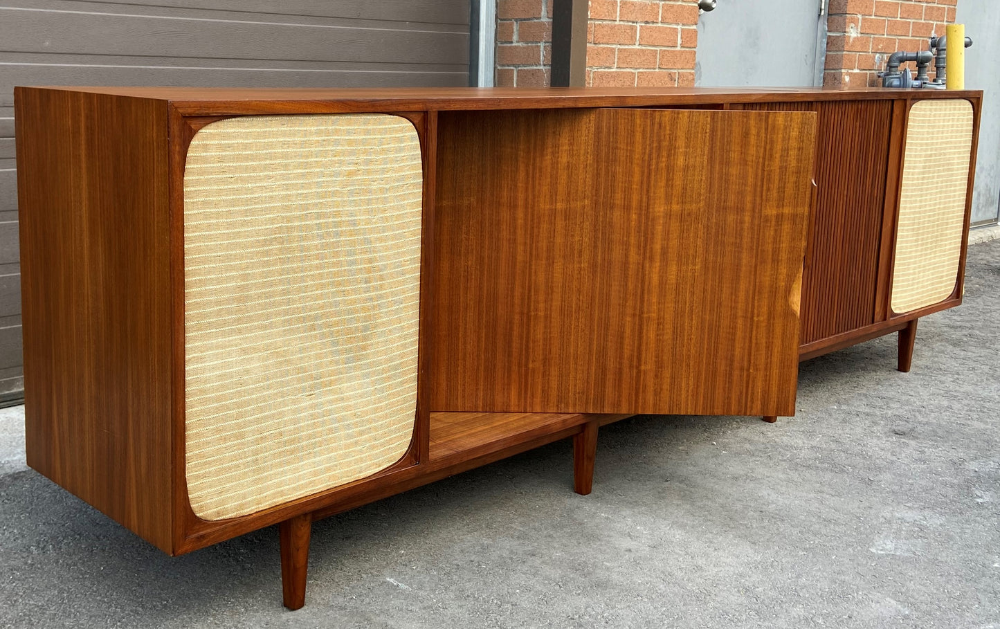 REFINISHED Unique MCM Teak Stereo Console with Tambour Doors & Rotating Bar 103"
