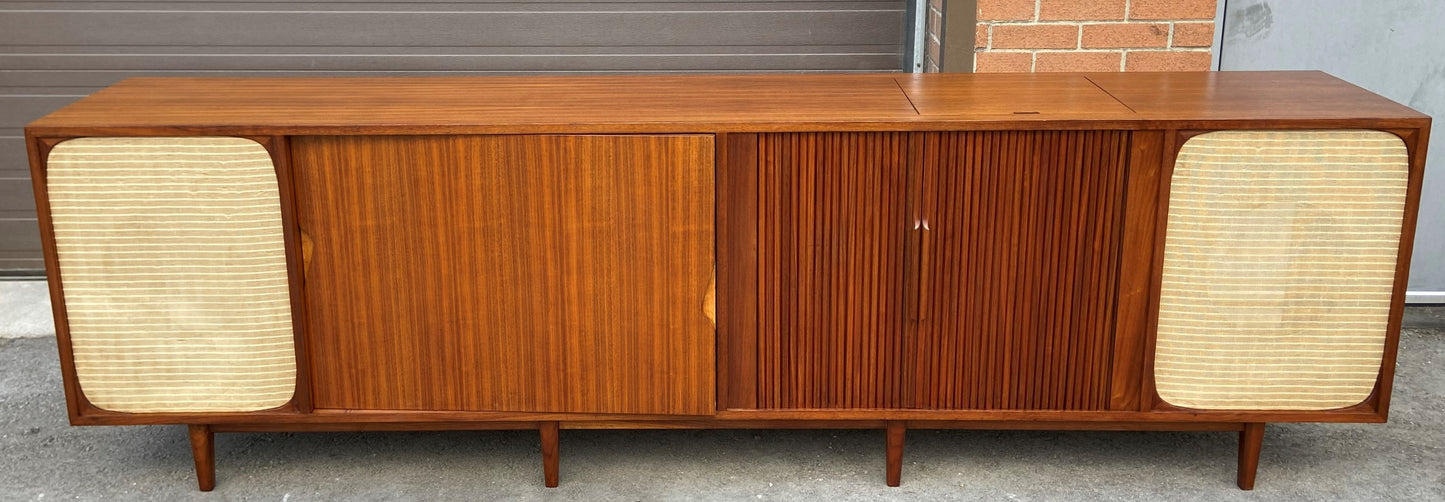 REFINISHED Unique MCM Teak Stereo Console with Tambour Doors & Rotating Bar 103"