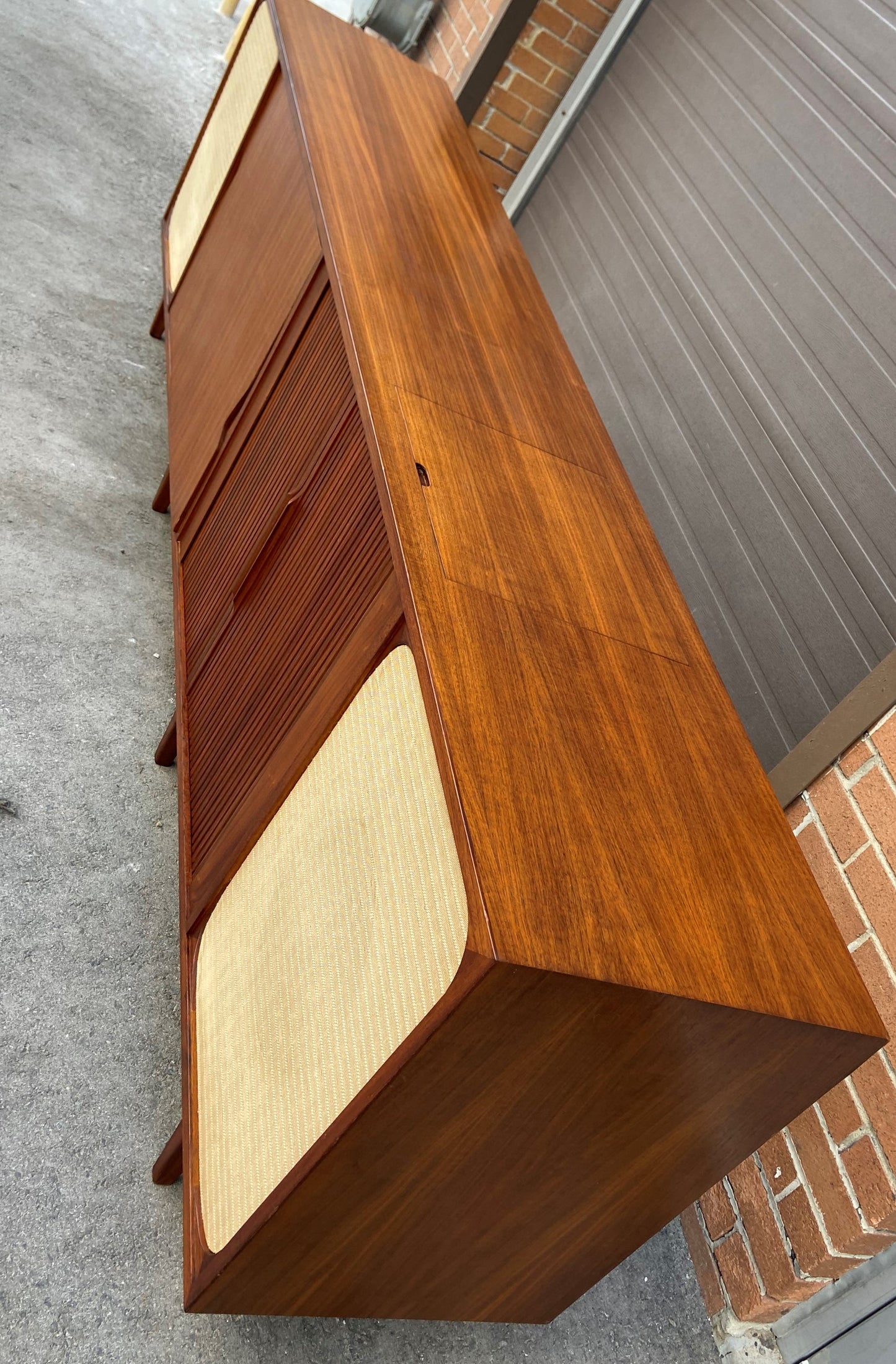 REFINISHED Unique MCM Teak Stereo Console with Tambour Doors & Rotating Bar 103"