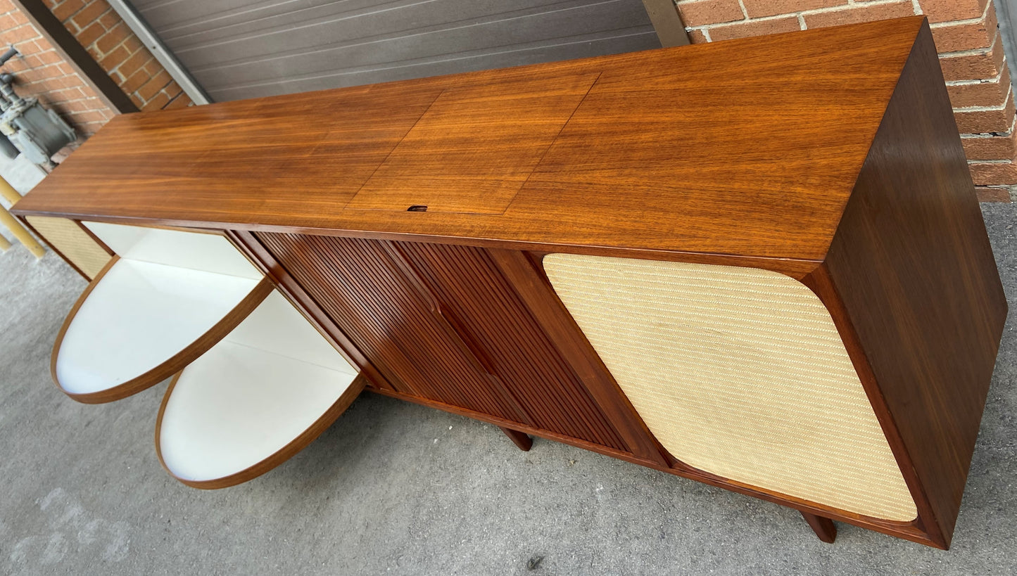 REFINISHED Unique MCM Teak Stereo Console with Tambour Doors & Rotating Bar 103"