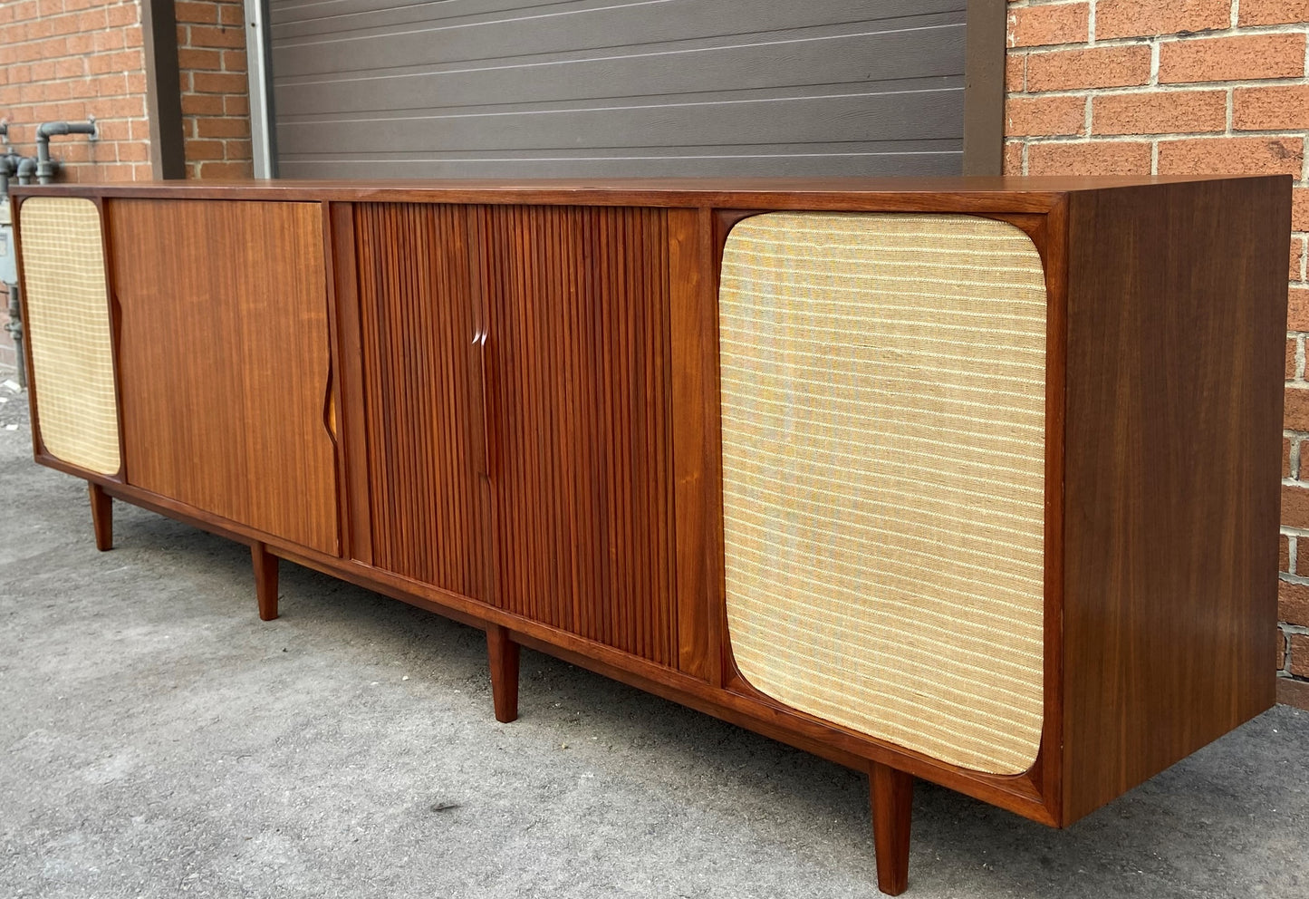 REFINISHED Unique MCM Teak Stereo Console with Tambour Doors & Rotating Bar 103"