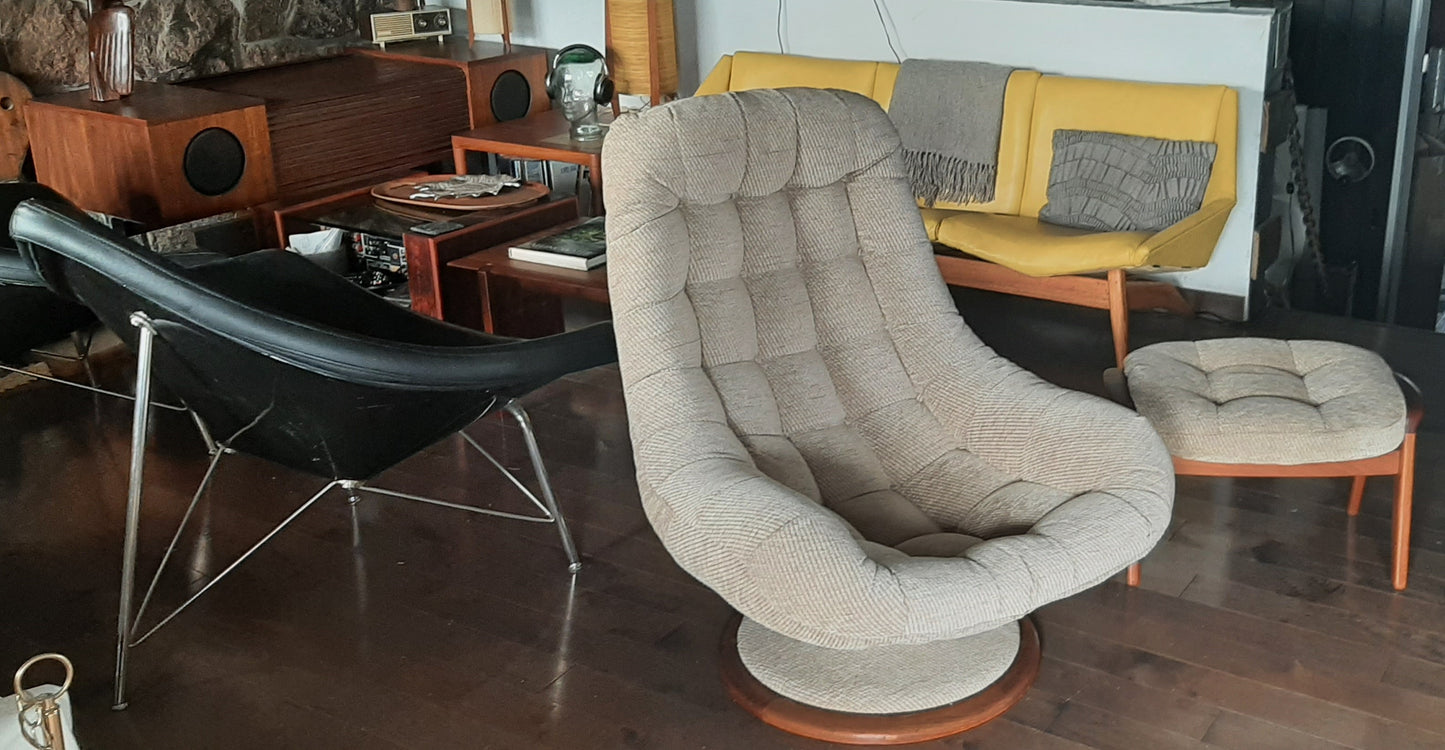 Mid Century Modern Teak Swivel Lounge Chair & Ottoman by R. Huber