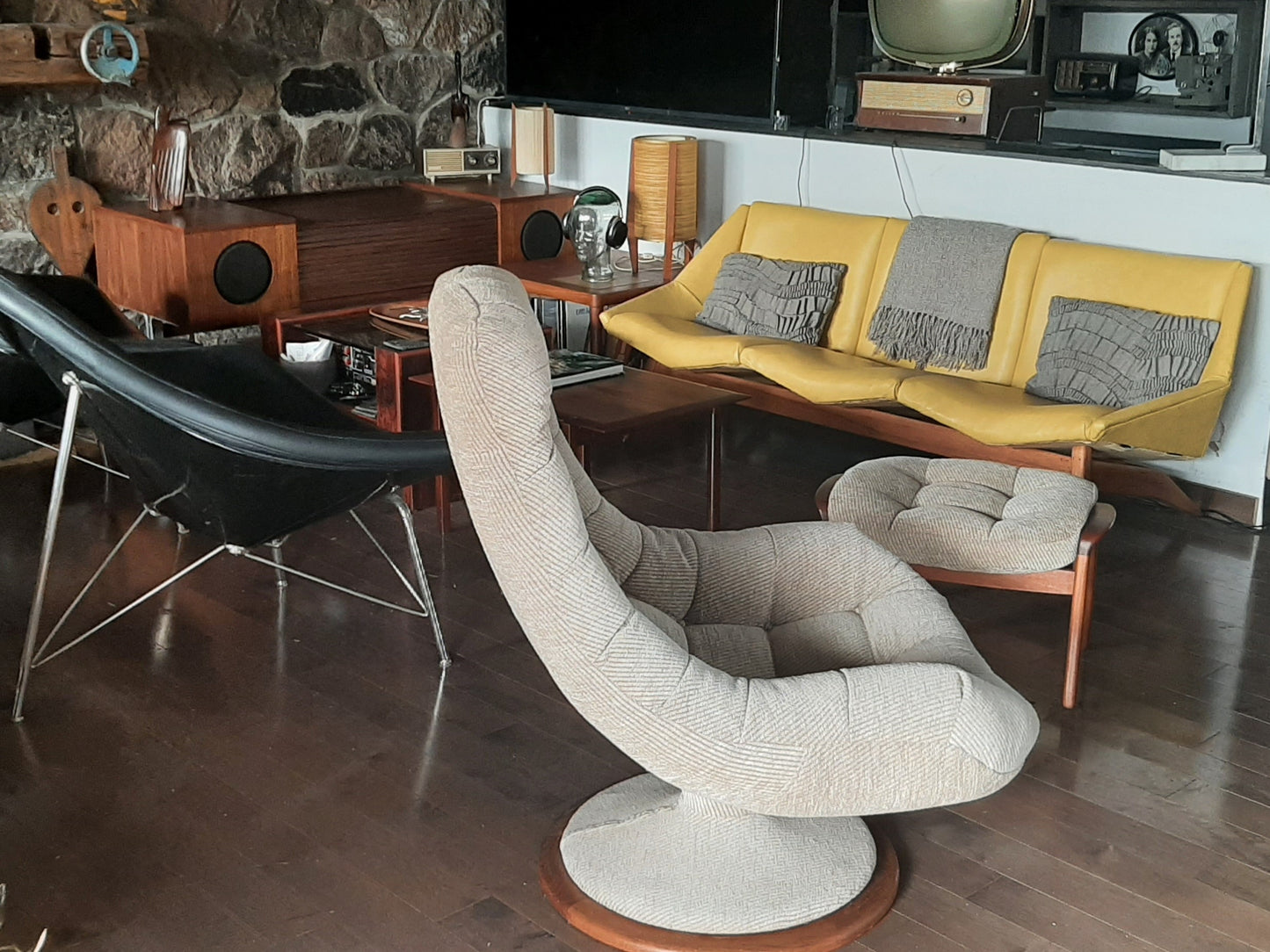 Mid Century Modern Teak Swivel Lounge Chair & Ottoman by R. Huber