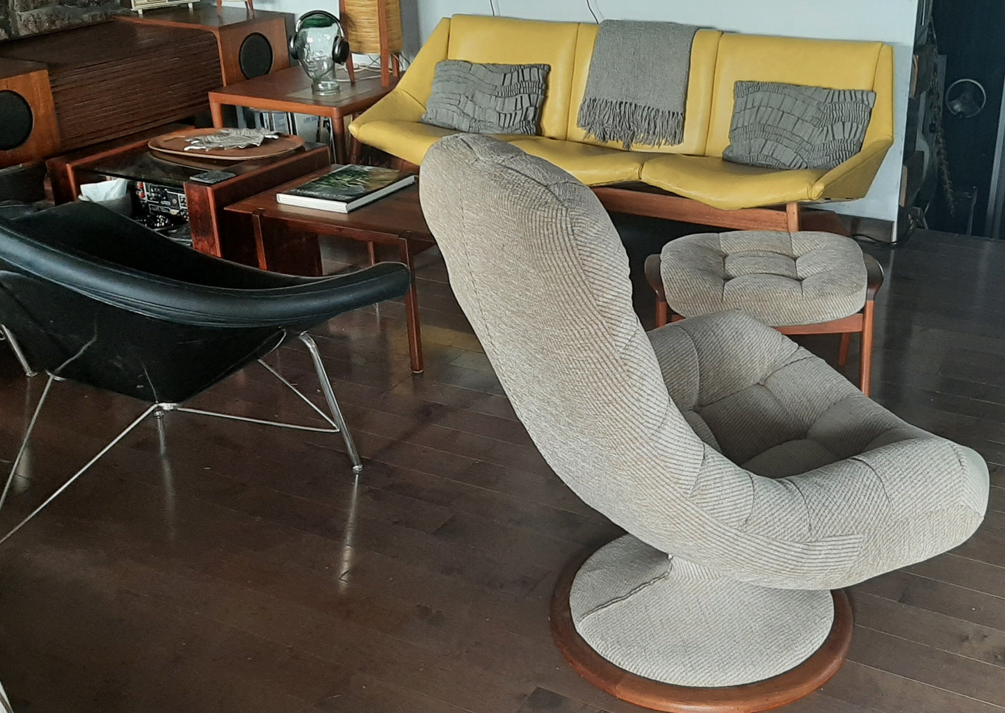 Mid Century Modern Teak Swivel Lounge Chair & Ottoman by R. Huber