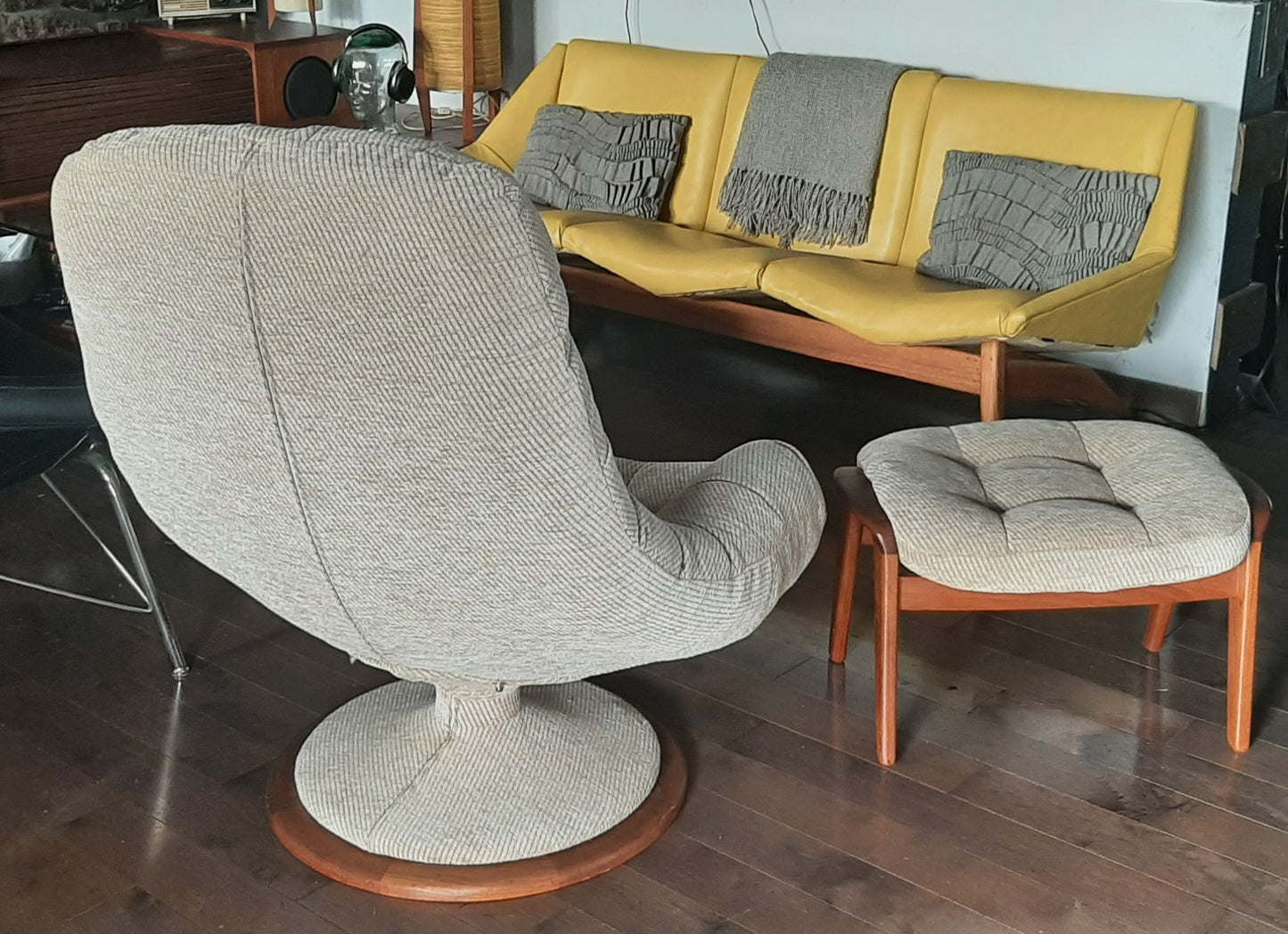 Mid Century Modern Teak Swivel Lounge Chair & Ottoman by R. Huber