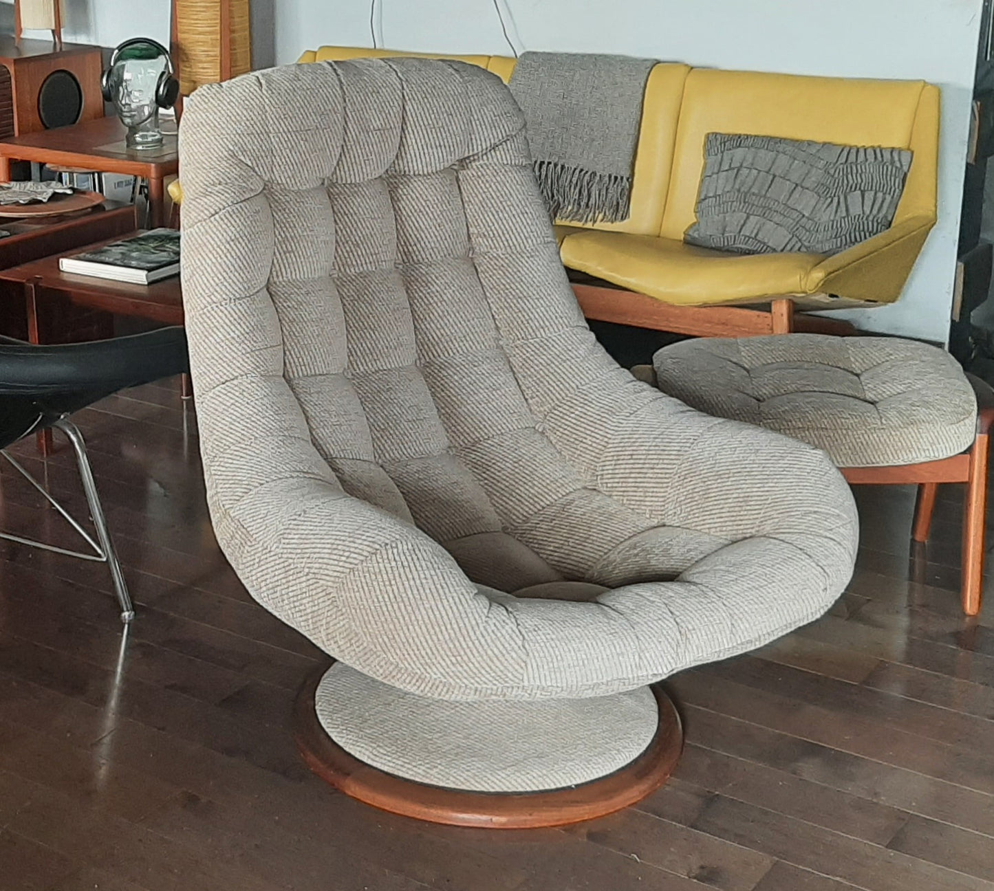 Mid Century Modern Teak Swivel Lounge Chair & Ottoman by R. Huber