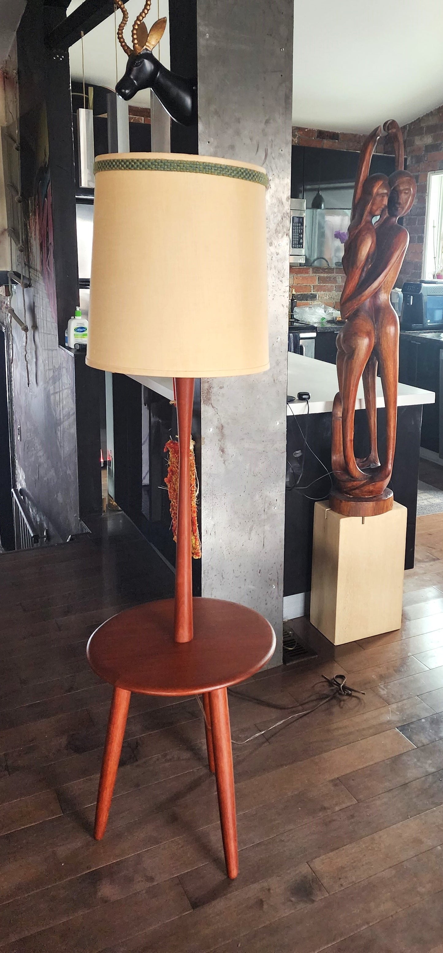 Mid Century Modern Teak Floor Lamp with Built-In Tripod Table, REFINISHED