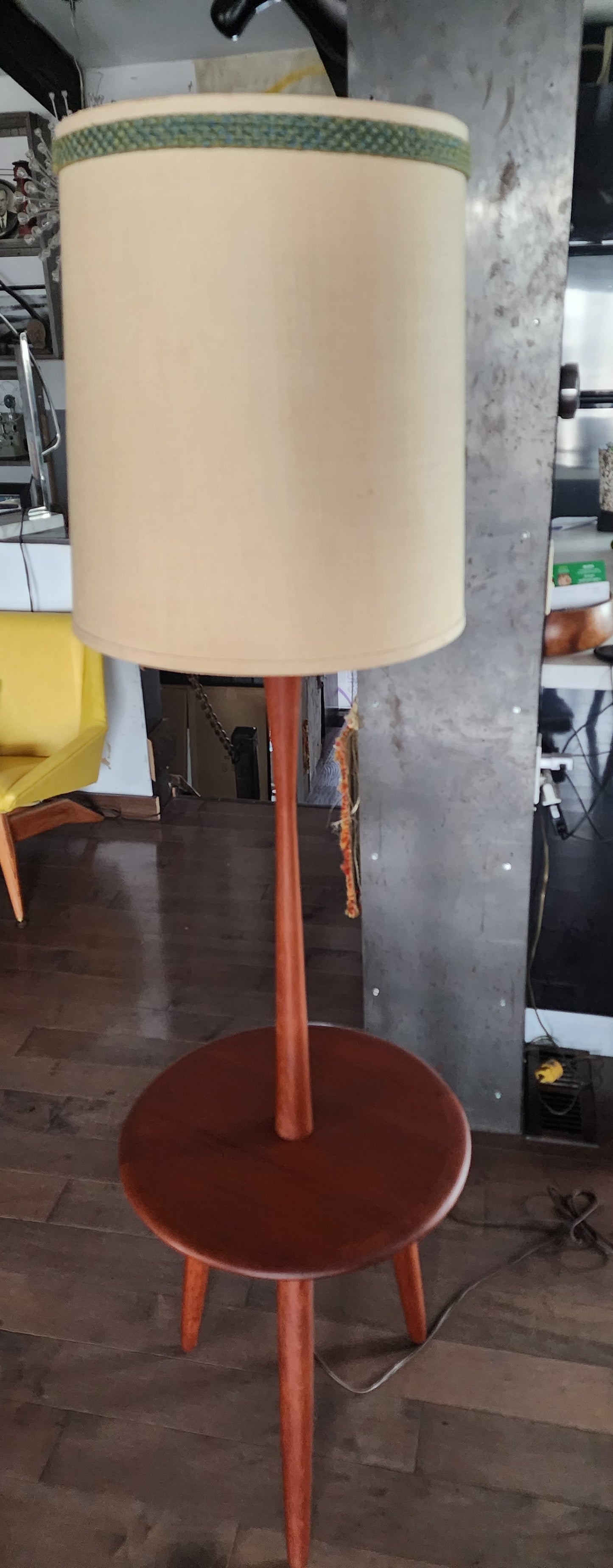 Mid Century Modern Teak Floor Lamp with Built-In Tripod Table, REFINISHED