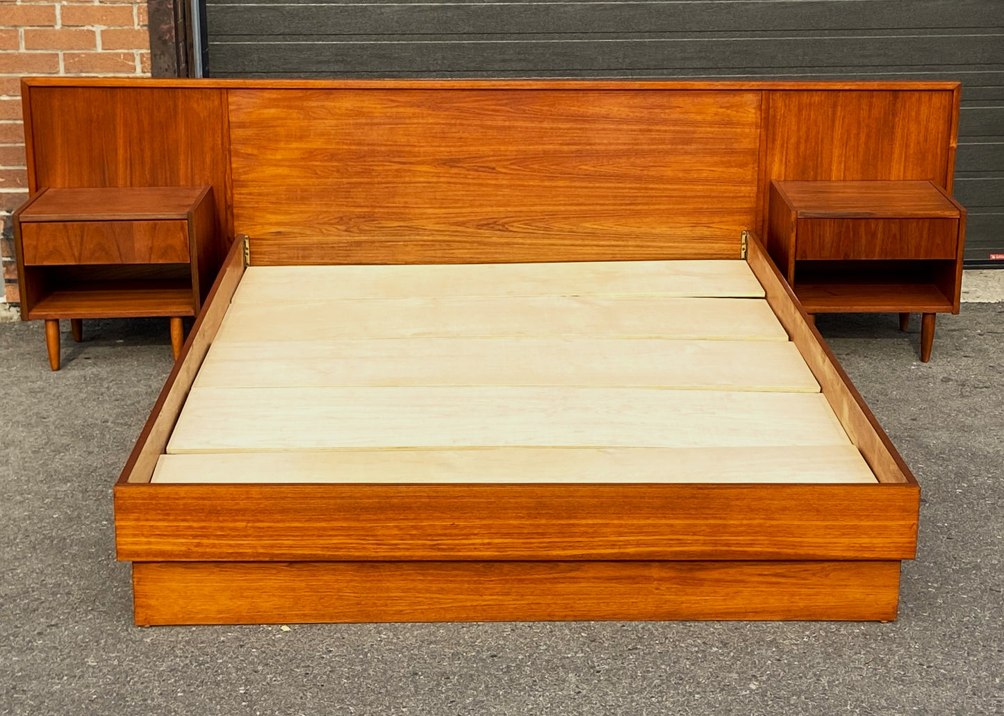 REFINISHED Mid Century Modern teak queen bed & 2 nightstands