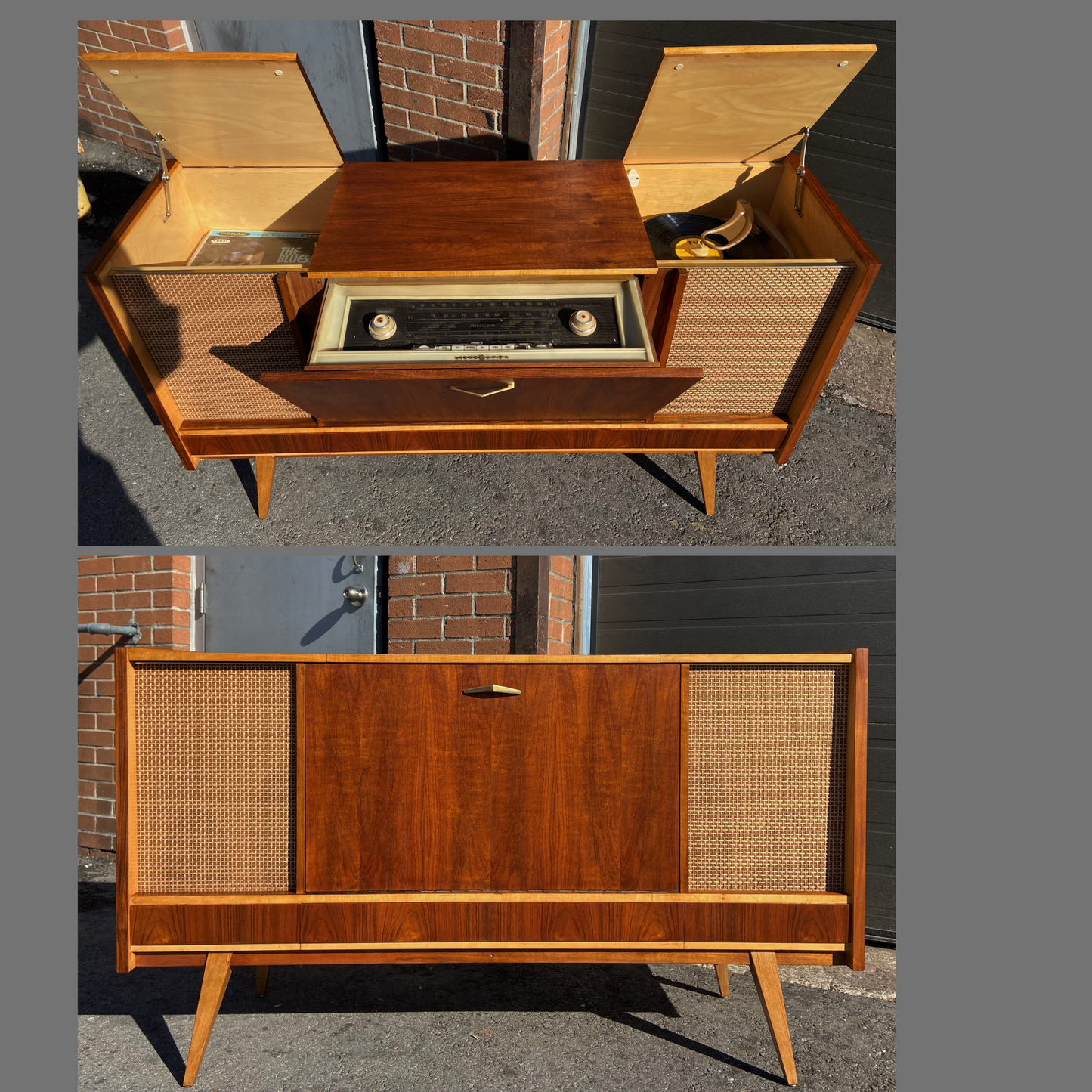 REFINISHED Mid Century Modern Walnut Radio Stereo Record Player Console 56"